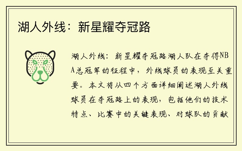湖人外线：新星耀夺冠路